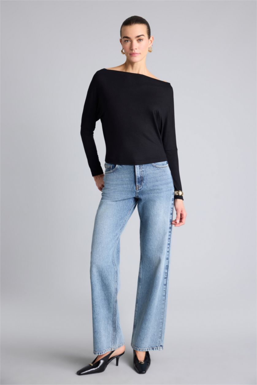 Kadın Siyah Slım Fıt Kayık Yaka Uzun Kollu Tişört