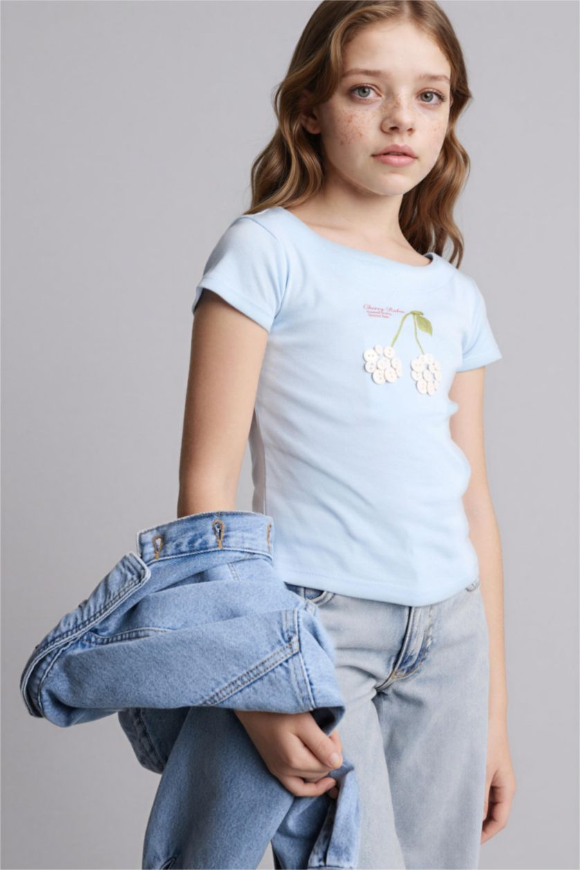 Kız Çocuk - Genç Kız Beyaz Meyve Desenli Ribana Tişört Kız Çocuk