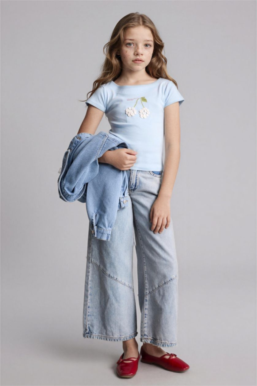 Kız Çocuk - Genç Kız Beyaz Meyve Desenli Ribana Tişört Kız Çocuk