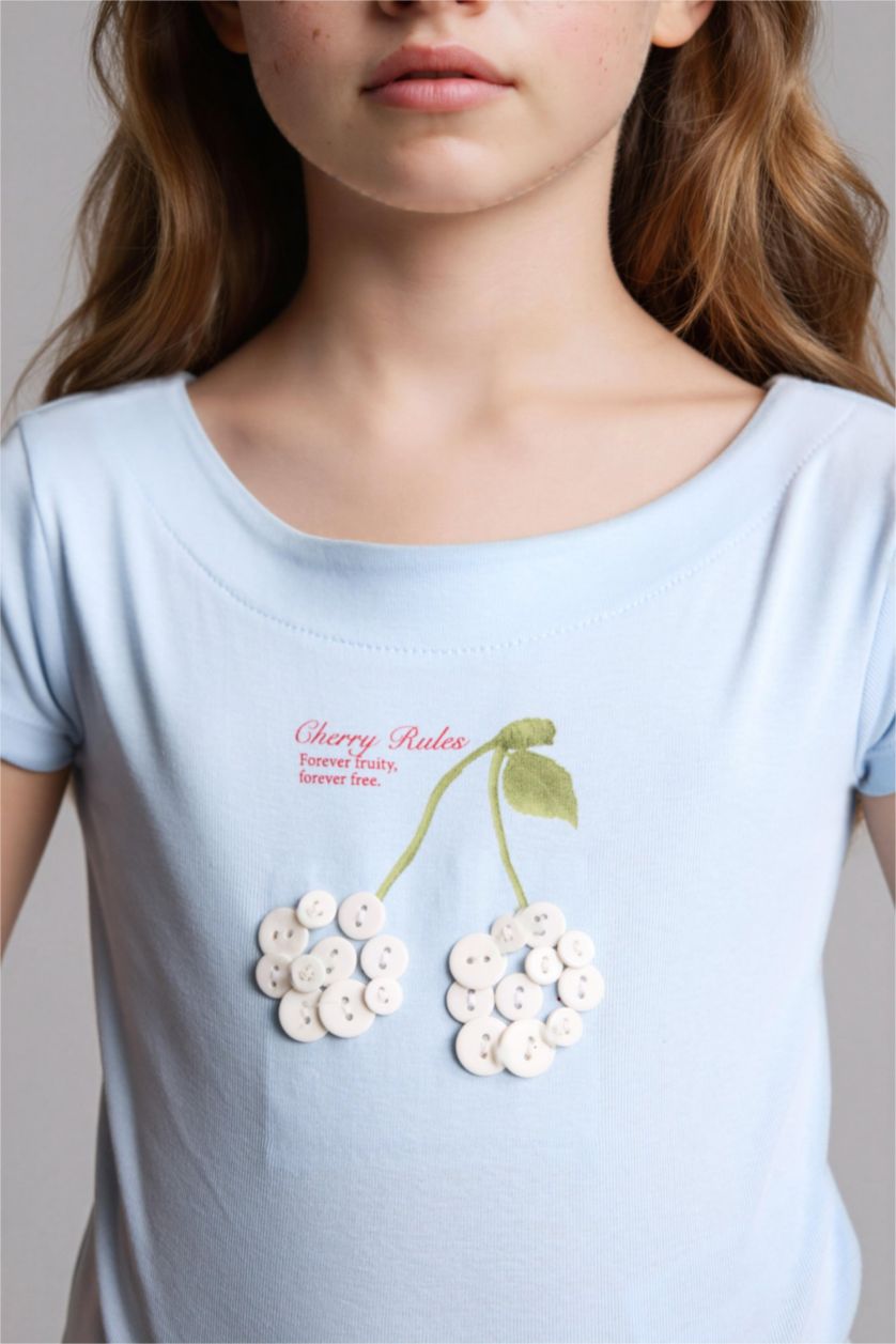 Kız Çocuk - Genç Kız Beyaz Meyve Desenli Ribana Tişört Kız Çocuk