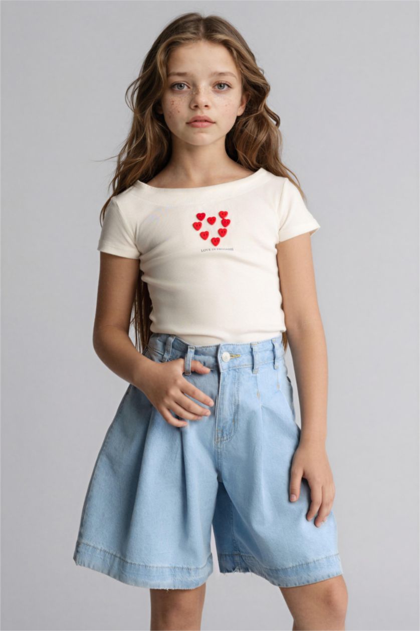 Girls & Teens Light Blue تيشيرت بناتي نص ردن مضلع قصة عادية وطبعة قلب