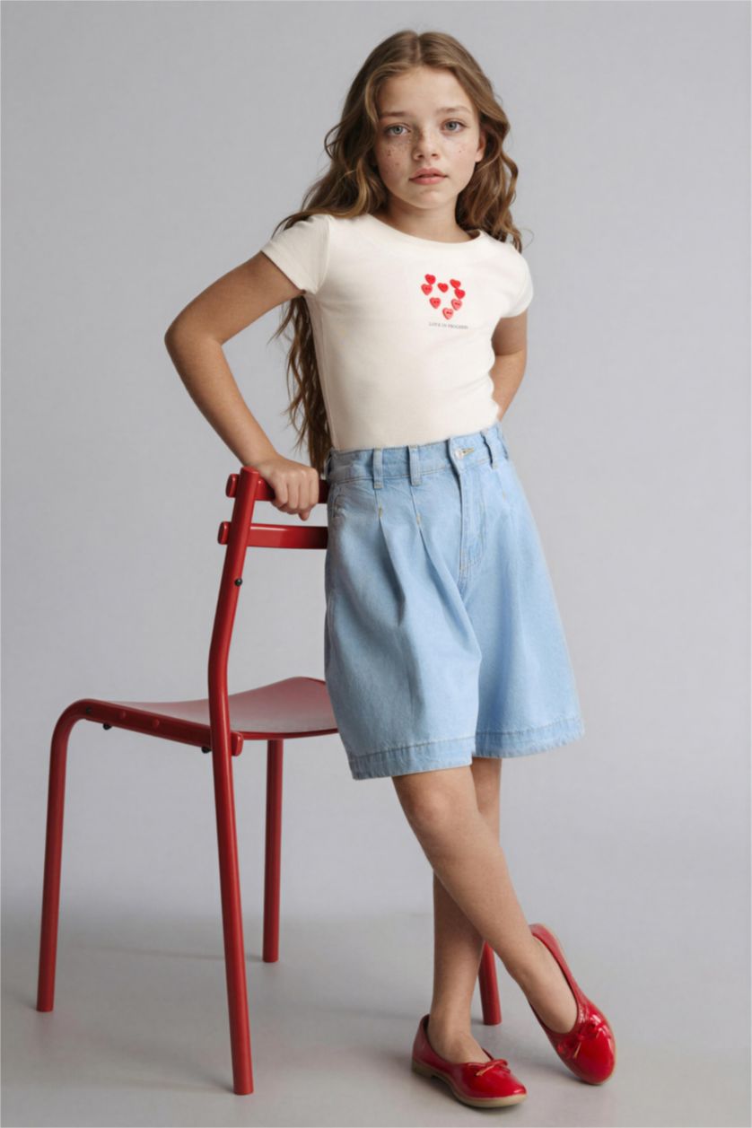 Girls & Teens Light Blue تيشيرت بناتي نص ردن مضلع قصة عادية وطبعة قلب