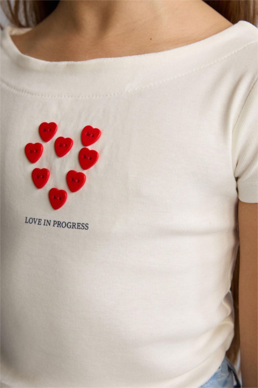 Девочки и подростки Светло-синий Футболка Regular Fit в рубчик с узором в виде сердечек и коротким рукавом для девочек