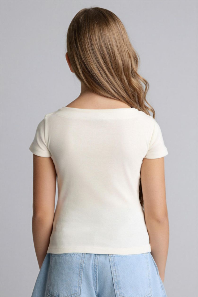 Девочки и подростки Светло-синий Футболка Regular Fit в рубчик с узором в виде сердечек и коротким рукавом для девочек