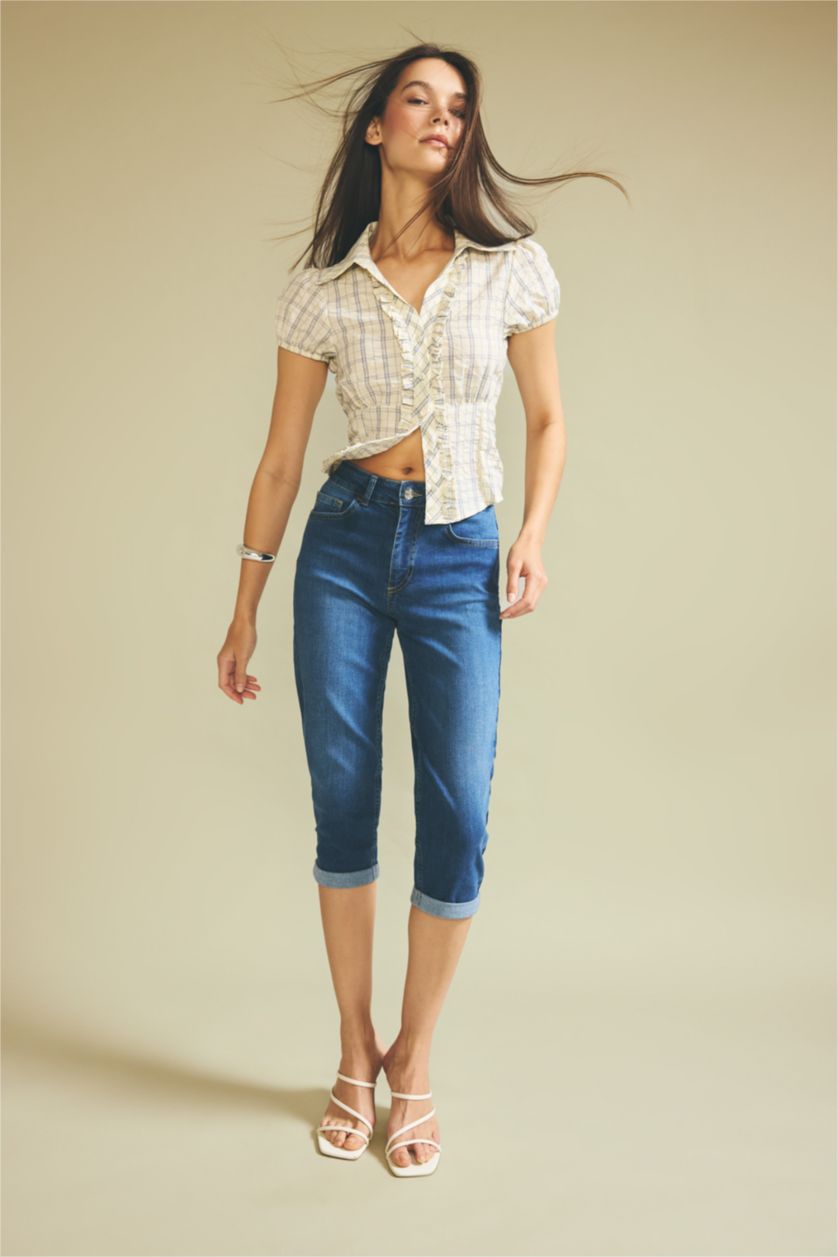 WOMAN Light Indigo High Waist Folded Leg Denim Capri
