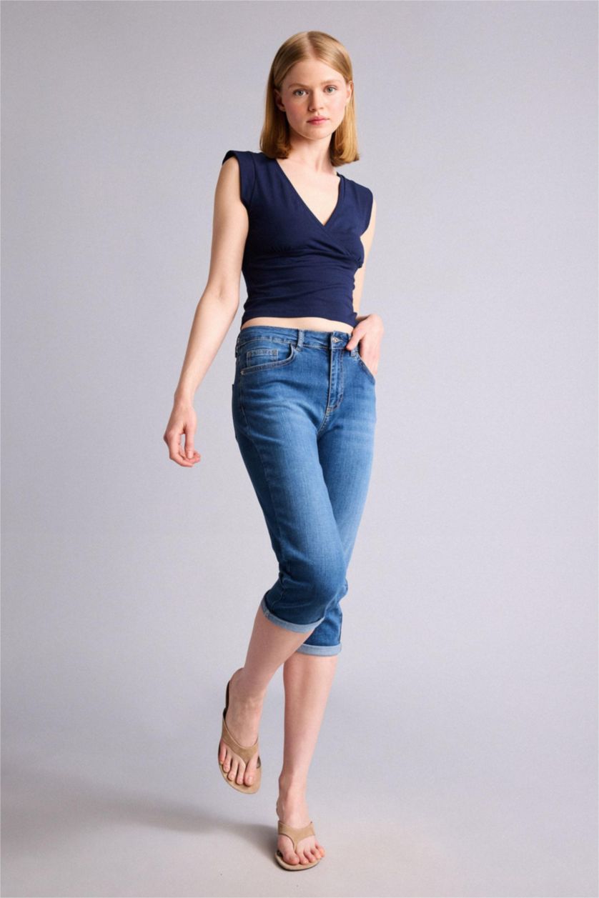 WOMAN Light Indigo High Waist Folded Leg Denim Capri