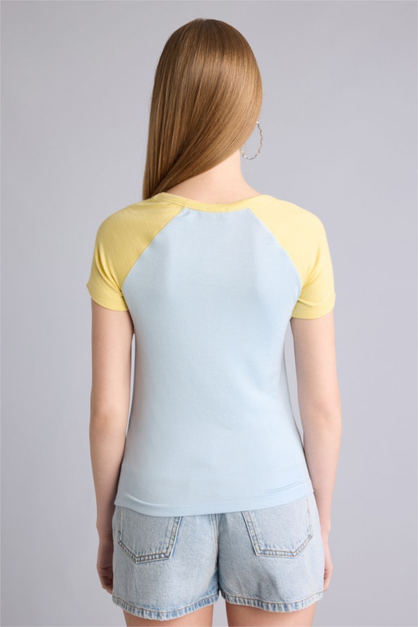 Kadın Açık Mavi Fıtted Bisiklet Yaka Viskon Kısa Kollu Tişört