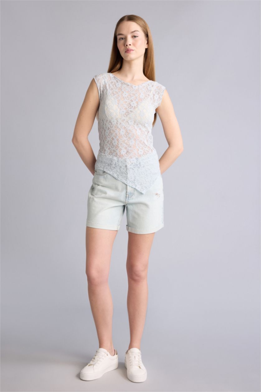 Kadın Açık Mavi Fıtted Dantel Bluz