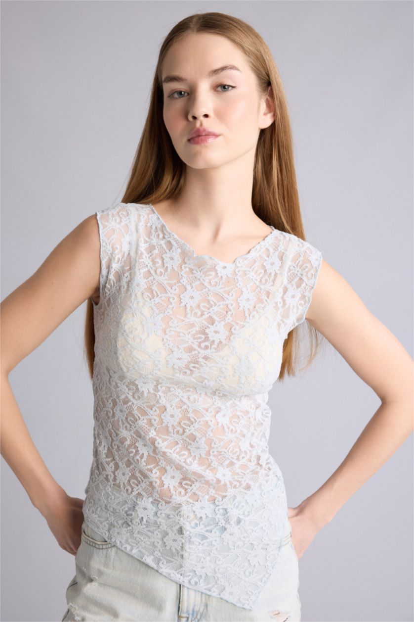 Kadın Açık Mavi Fıtted Dantel Bluz