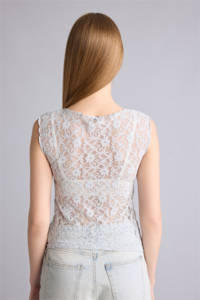 Kadın Açık Mavi Fıtted Dantel Bluz