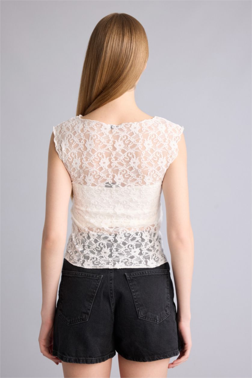 Kadın Kırık Beyaz Fıtted Dantel Bluz