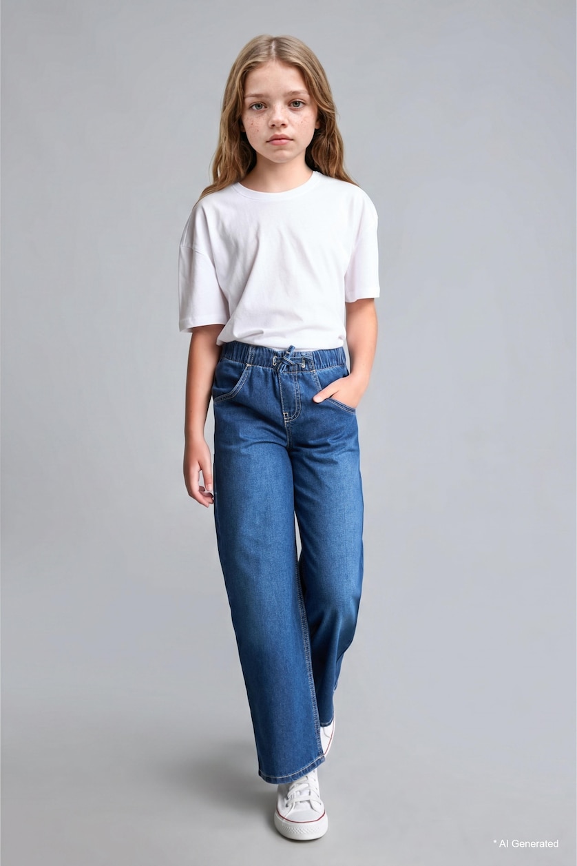 VAJZA & ADOLESHENTE Blue Girl Elastic Waist Wide Leg Jeans