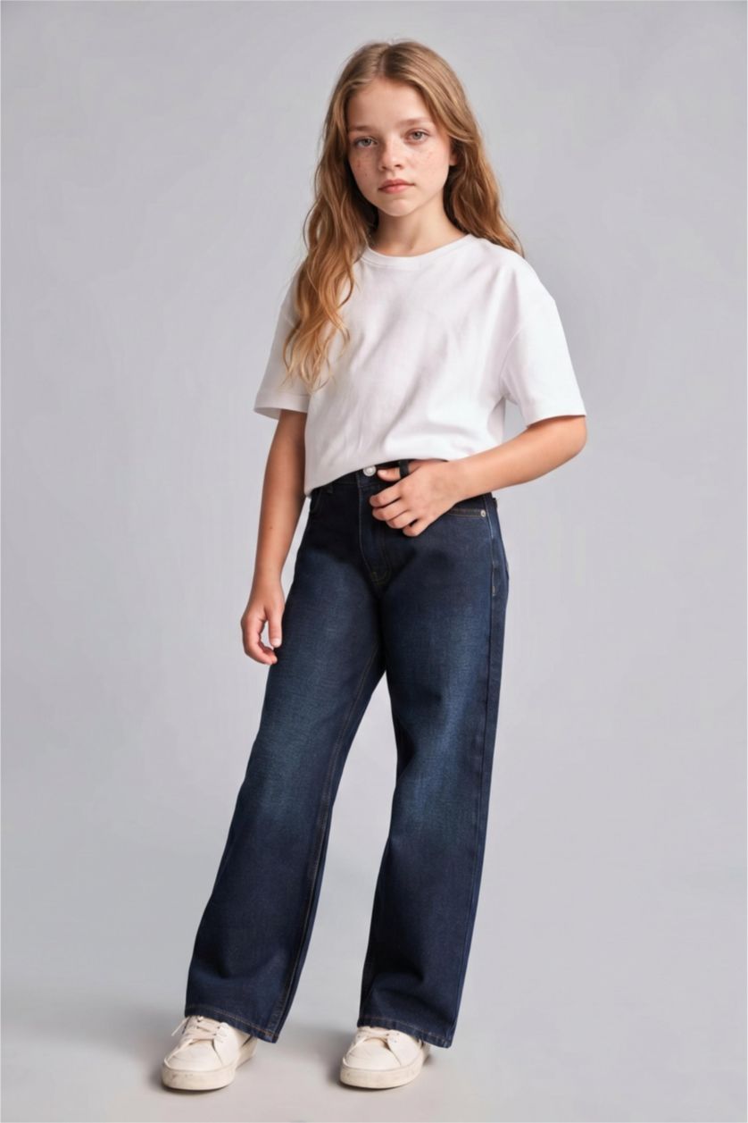 Kız Çocuk - Genç Kız Koyu Mavi %100 Pamuk Straight Fit Jean Pantolon Kız Çocuk