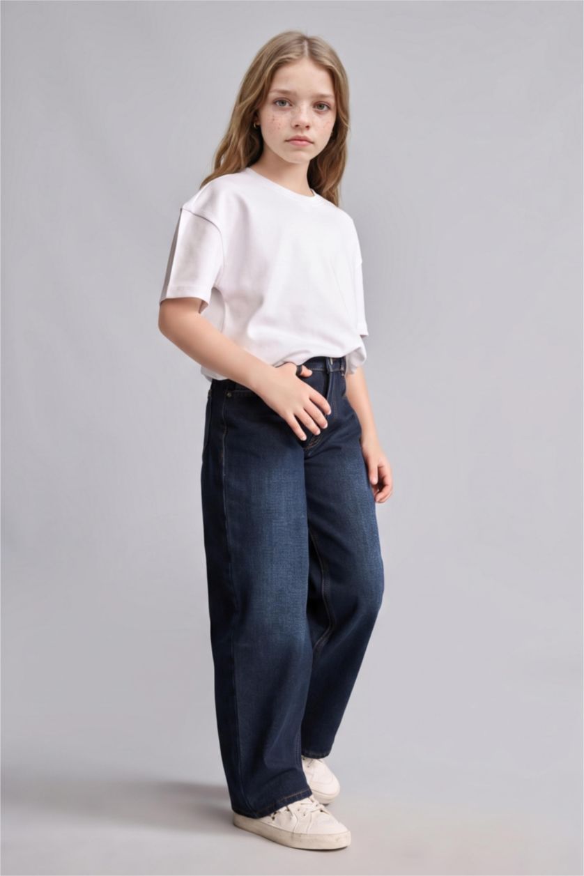 Kız Çocuk - Genç Kız Koyu Mavi %100 Pamuk Straight Fit Jean Pantolon Kız Çocuk