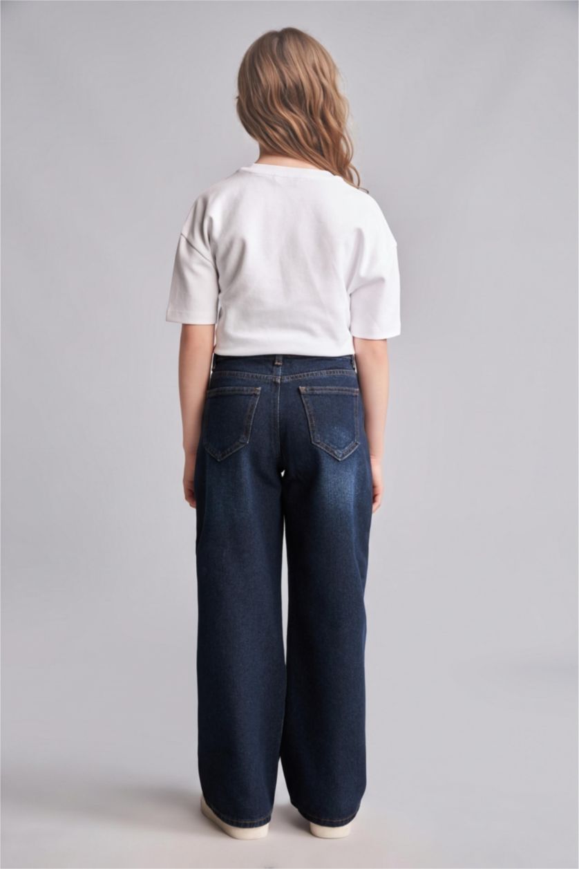Kız Çocuk - Genç Kız Koyu Mavi %100 Pamuk Straight Fit Jean Pantolon Kız Çocuk