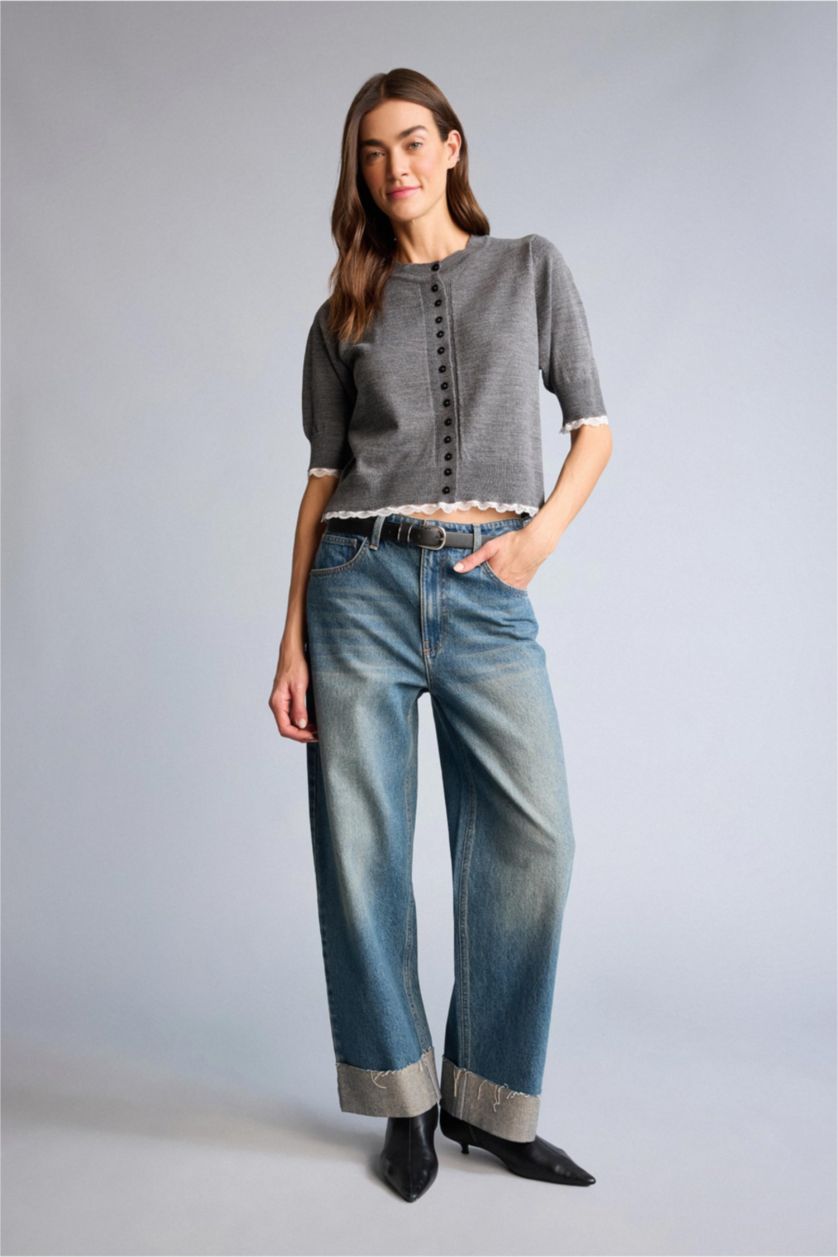 Kadın Açık Gri Dantel Detaylı Kısa Kollu Hırka