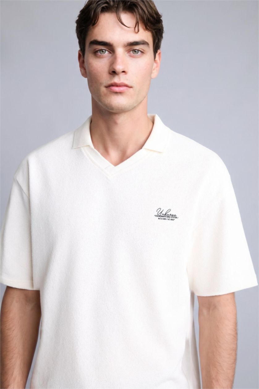 Erkek Ekru Boxy Fıt Kısa Kollu Polo Tişört