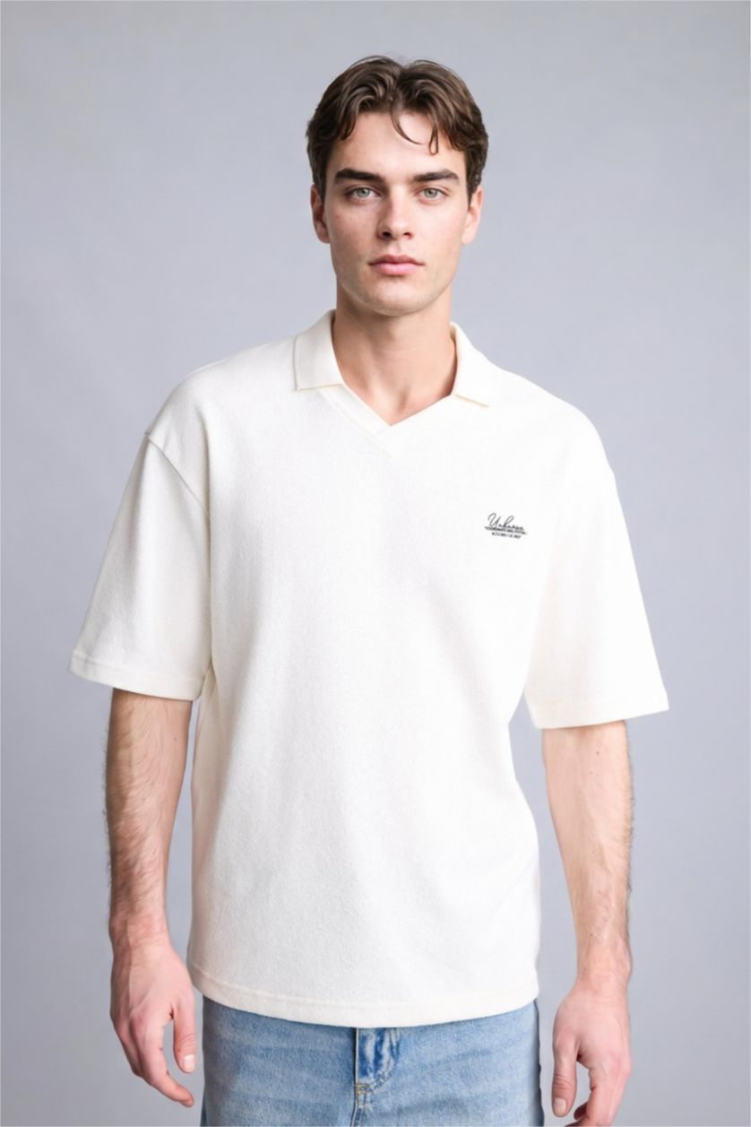 Erkek Ekru Boxy Fıt Kısa Kollu Polo Tişört