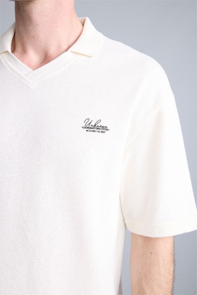Erkek Ekru Boxy Fıt Kısa Kollu Polo Tişört