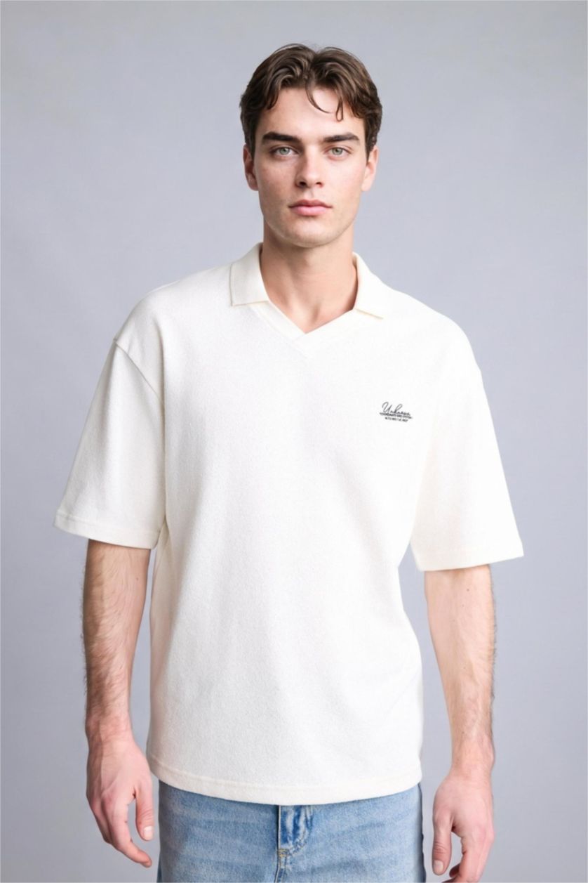 MAN Ecru Boxy Fit Short Sleeve Polo T-Shirt
