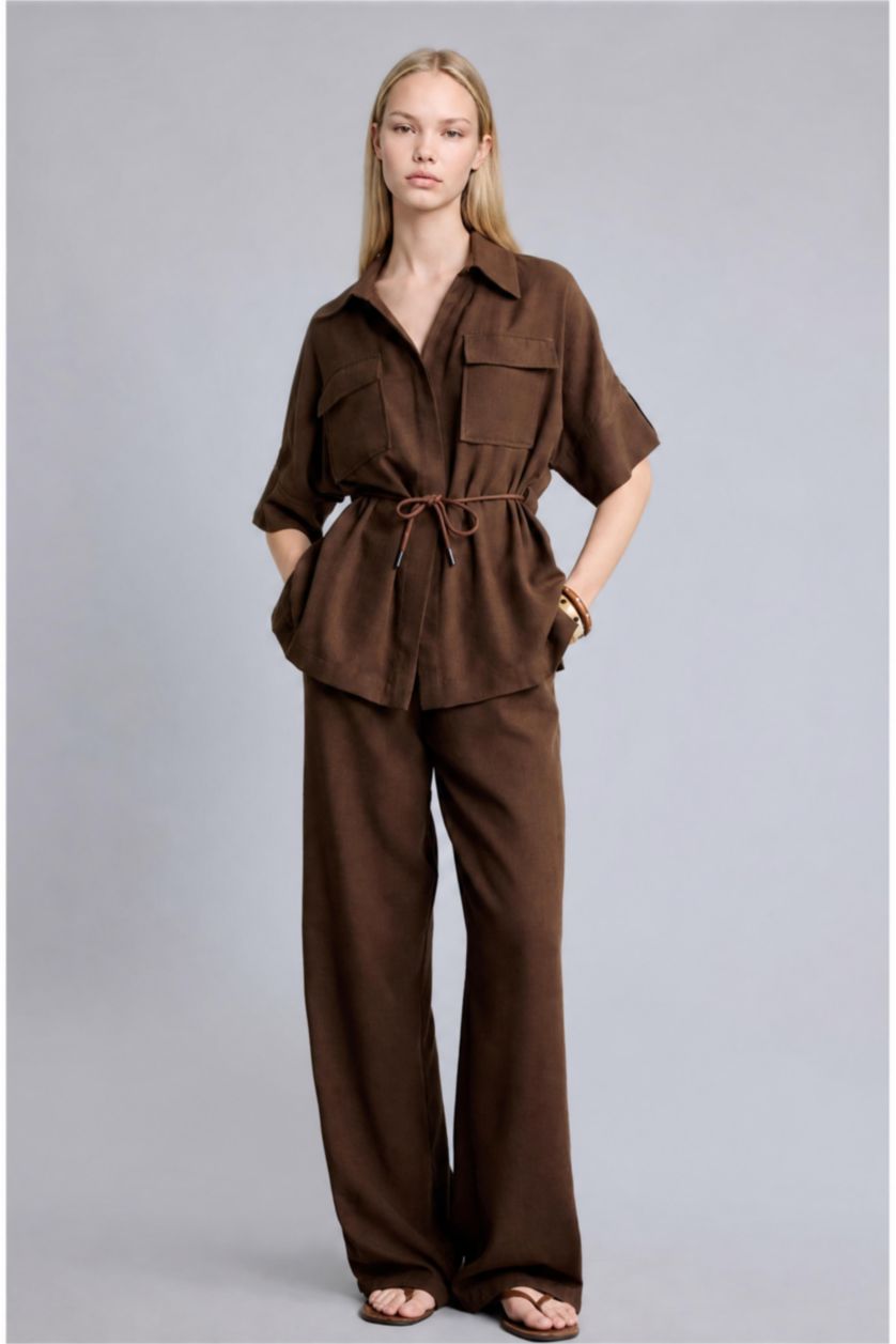 WOMAN Brown Oversize Shirt Collar Cotton Blazer