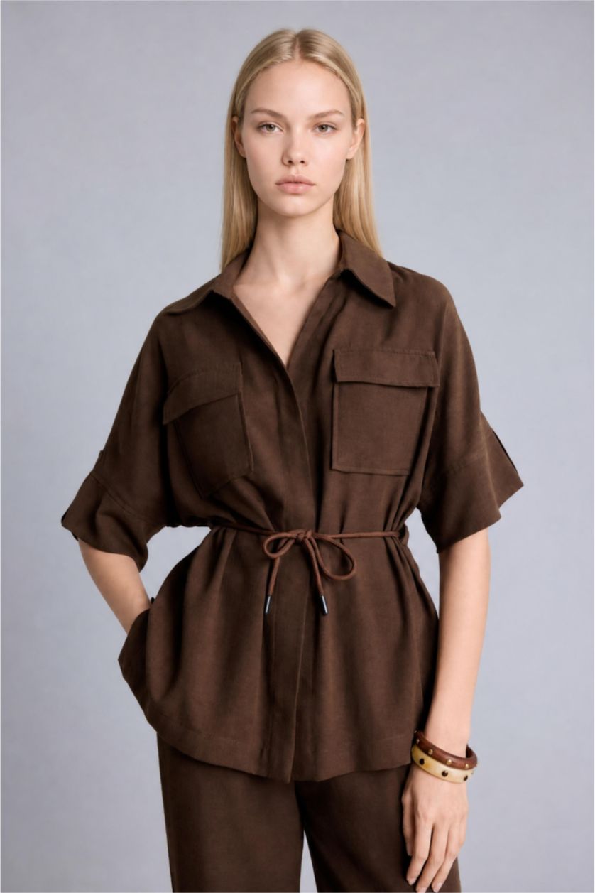 WOMAN Brown Oversize Shirt Collar Cotton Blazer
