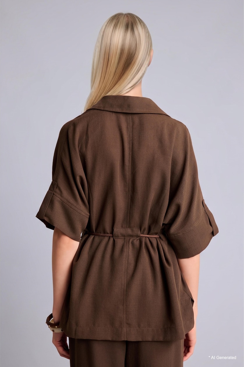 WOMAN Brown Oversize Shirt Collar Cotton Blazer