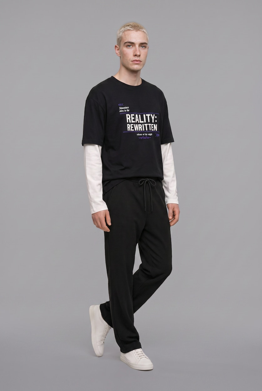 MAN Black 100% Cotton Boxy Fit Printed Layered Look T-shirt