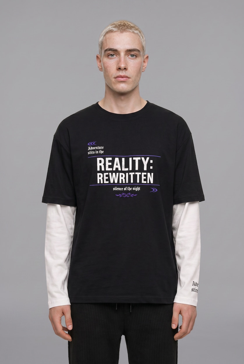 MAN Black 100% Cotton Boxy Fit Printed Layered Look T-shirt