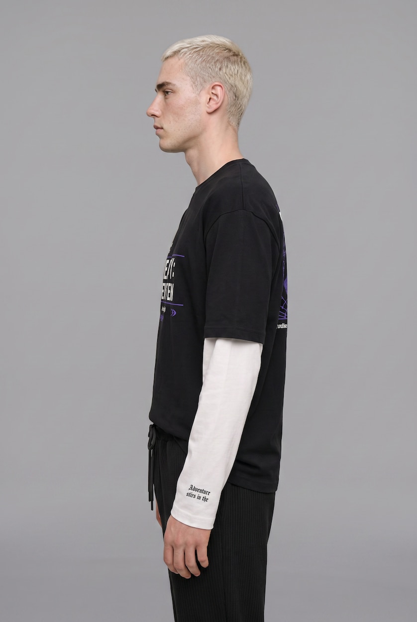 MAN Black 100% Cotton Boxy Fit Printed Layered Look T-shirt