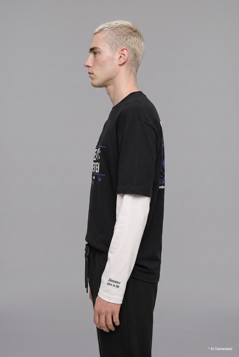 MAN Black Boxy Fit 100% Cotton Printed Crew Neck Long Sleeve T-Shirt