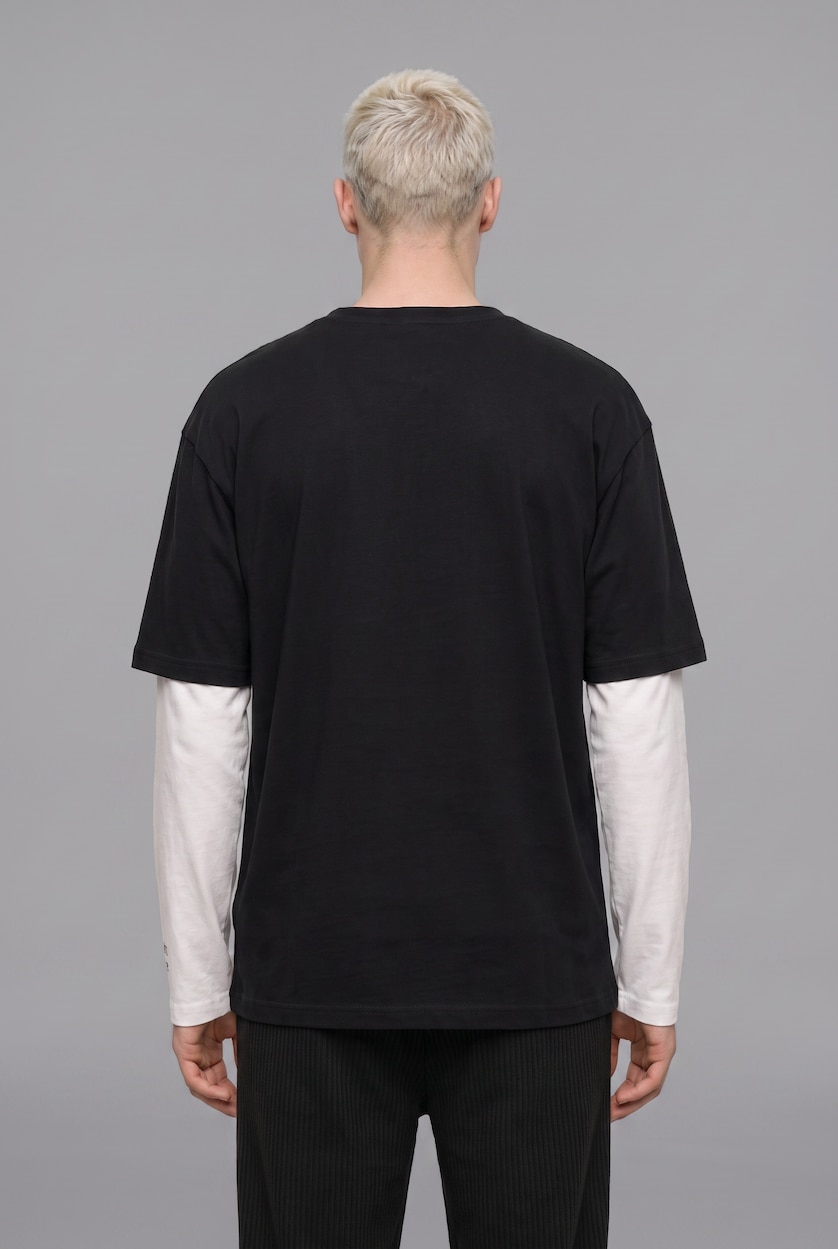MAN Black 100% Cotton Boxy Fit Printed Layered Look T-shirt