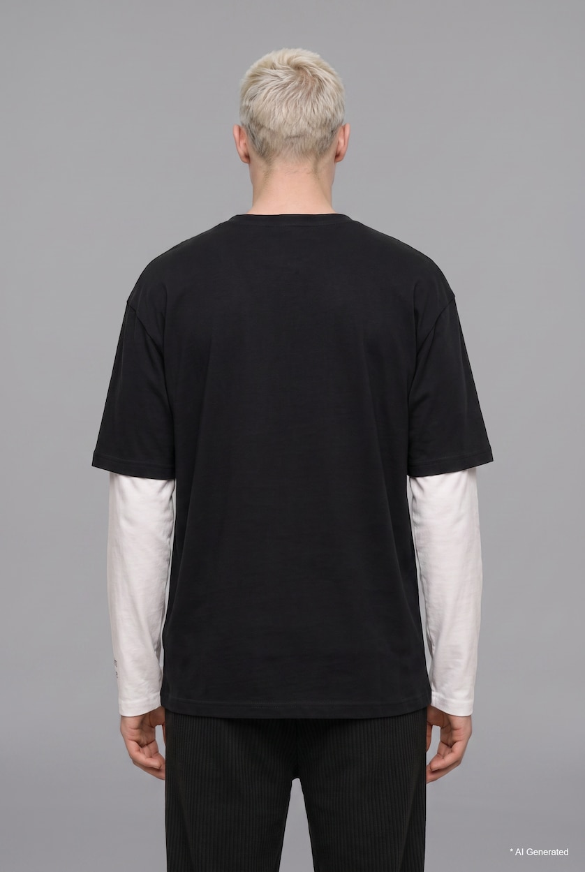 MAN Black Boxy Fit 100% Cotton Printed Crew Neck Long Sleeve T-Shirt