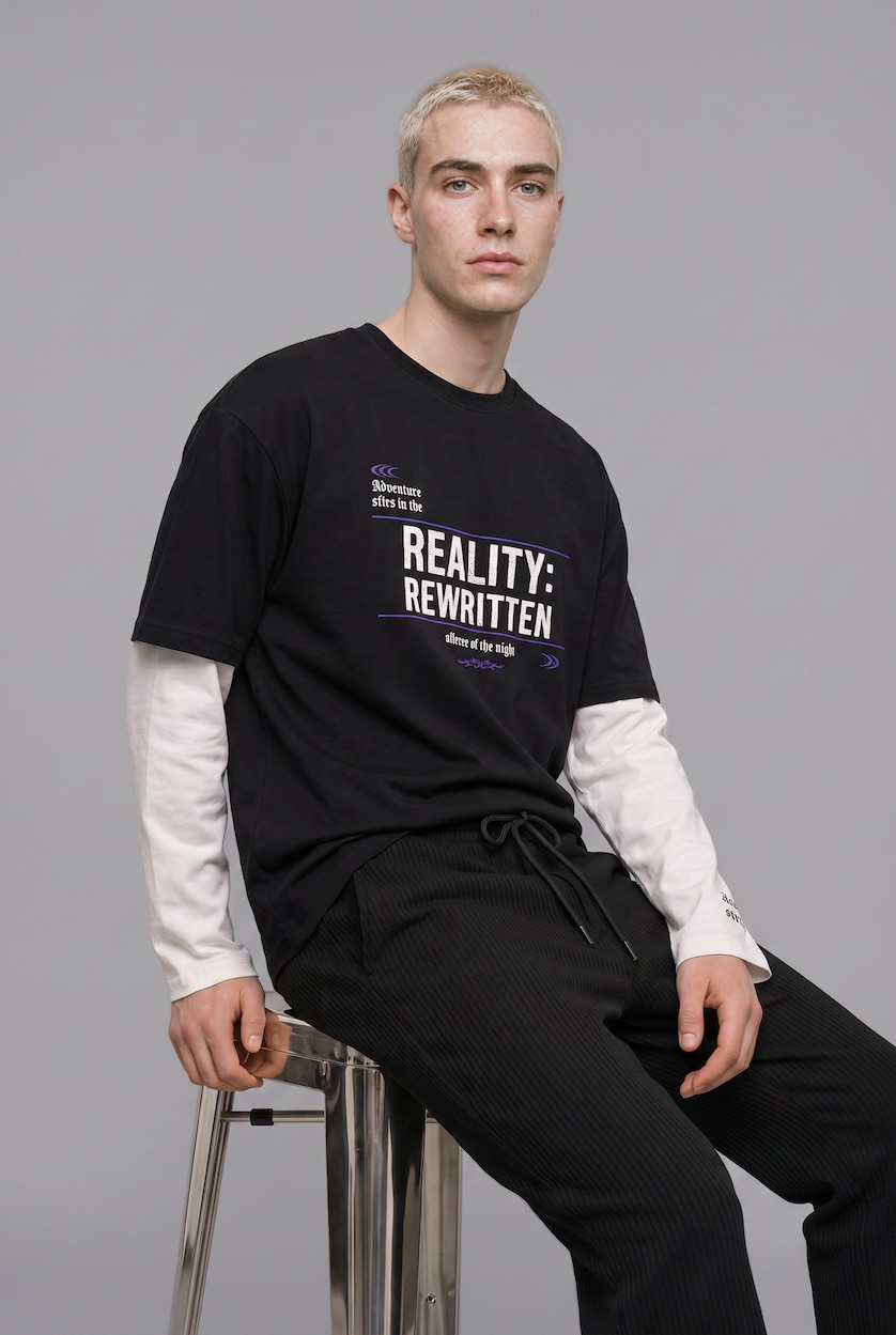 MAN Black 100% Cotton Boxy Fit Printed Layered Look T-shirt