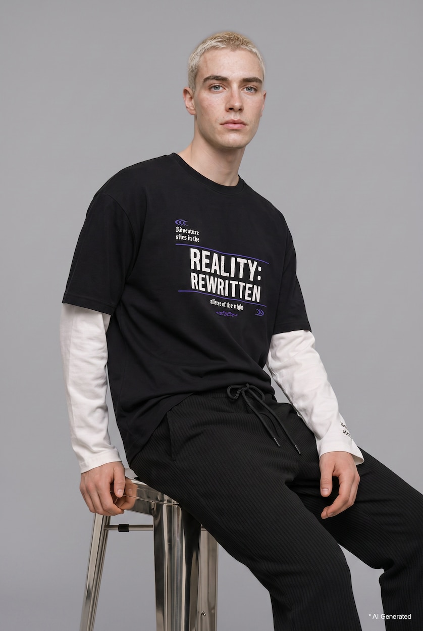 MAN Black Boxy Fit 100% Cotton Printed Crew Neck Long Sleeve T-Shirt