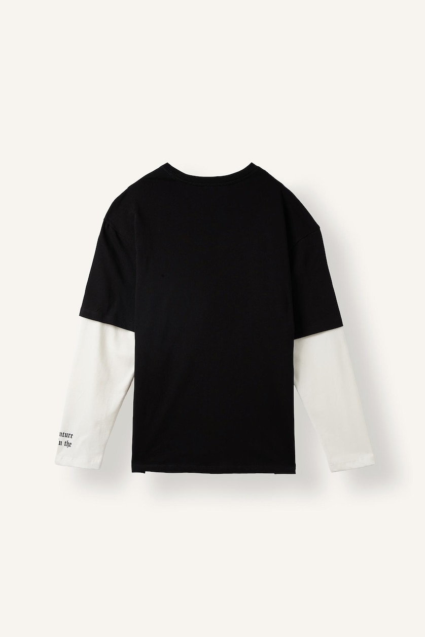 MAN Black 100% Cotton Boxy Fit Printed Layered Look T-shirt