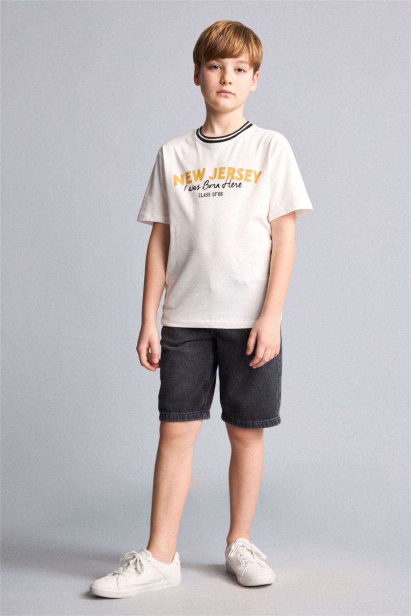 Young Boys - Teen Boys Ecru New Regular Fit Printed Short Sleeve T-Shirt