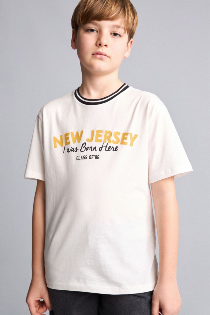 Young Boys - Teen Boys Ecru New Regular Fit Printed Short Sleeve T-Shirt