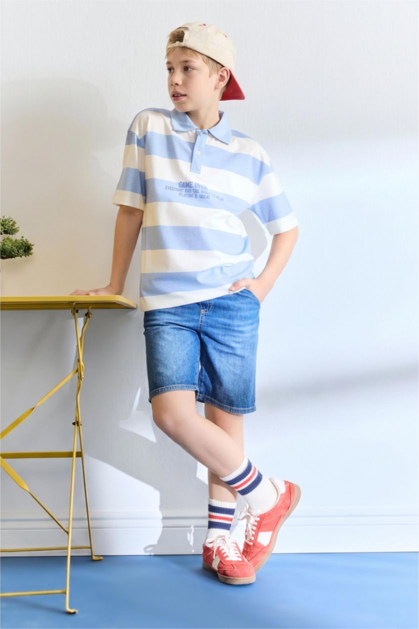 Young Boys - Teen Boys Light Blue Oversize Fit Slogan Short Sleeve Polo T-Shirt