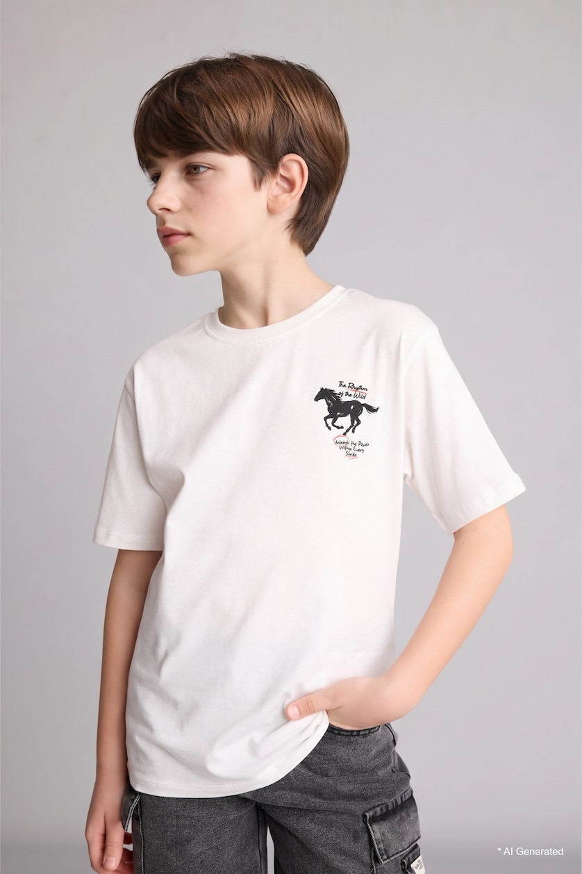 BOYS & TEENS Ecru Boy Regular Fit Crew Neck Printed Short Sleeve T-Shirt