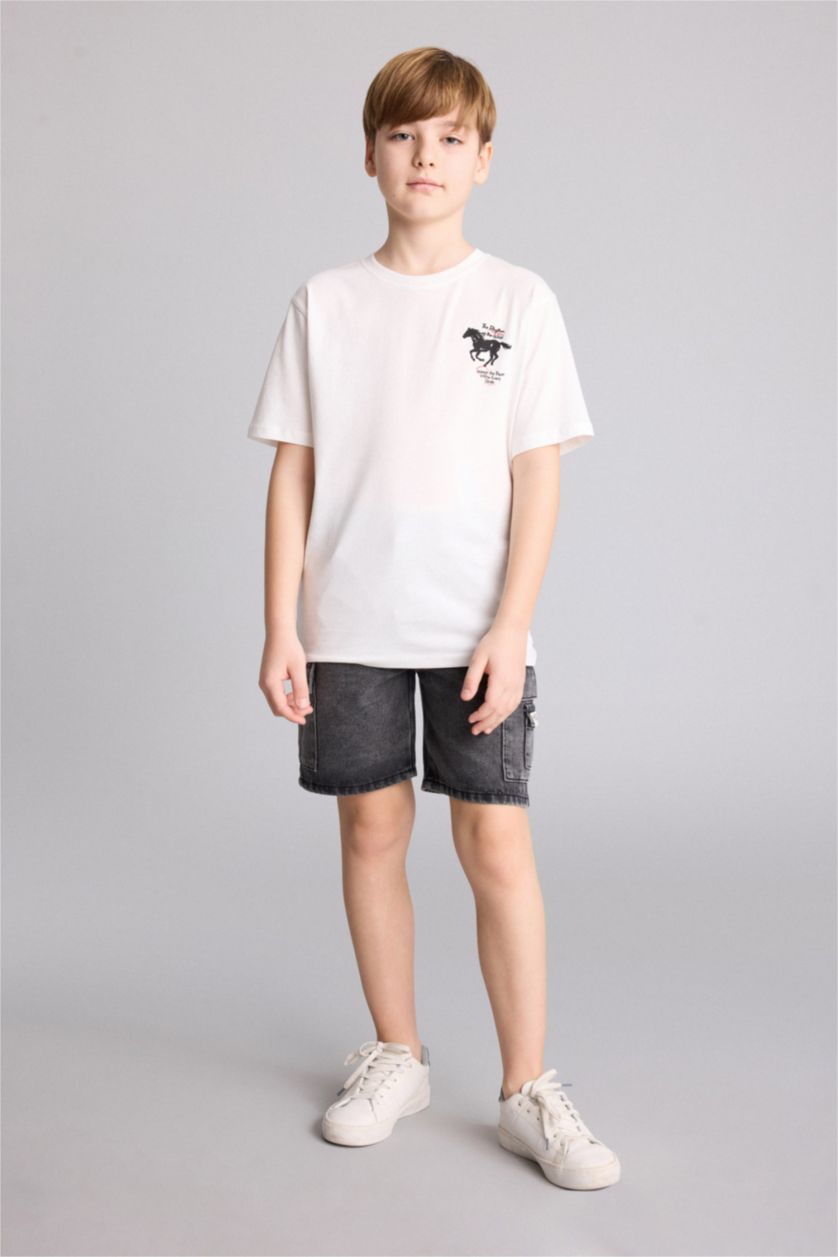 Young Boys - Teen Boys Ecru New Regular Fit Printed Short Sleeve T-Shirt