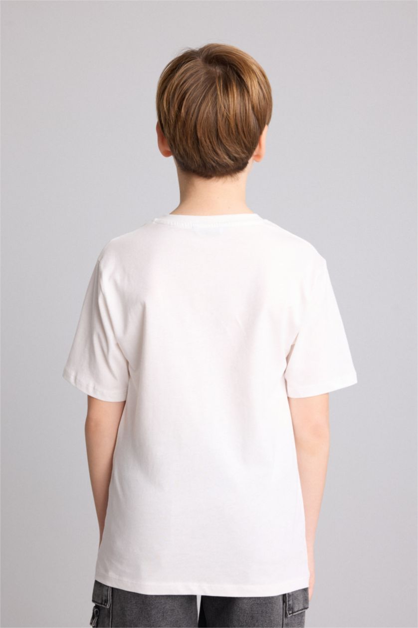 Young Boys - Teen Boys Ecru New Regular Fit Printed Short Sleeve T-Shirt
