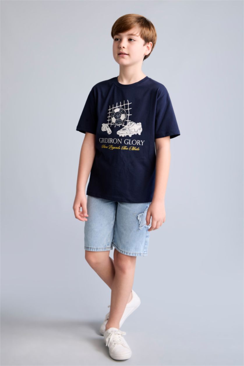 Boys & Teens NAVY تيشيرت ولادي نص ردن مطبوع قصة عادية