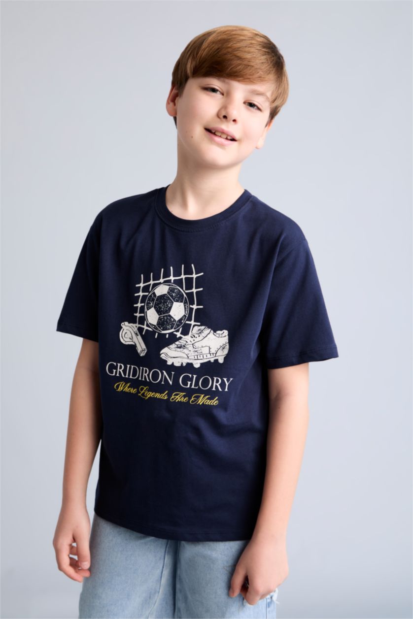 Boys & Teens NAVY تيشيرت ولادي نص ردن مطبوع قصة عادية