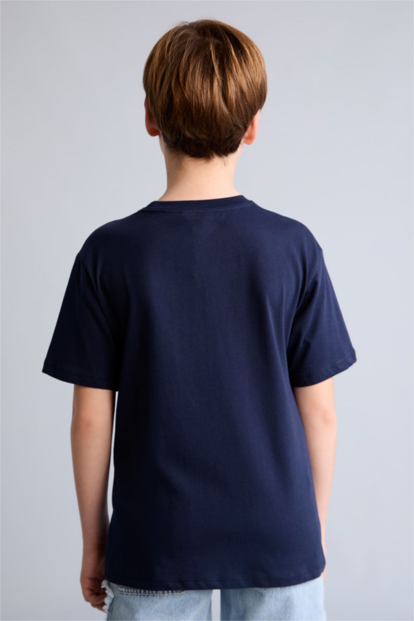 Boys & Teens NAVY تيشيرت ولادي نص ردن مطبوع قصة عادية