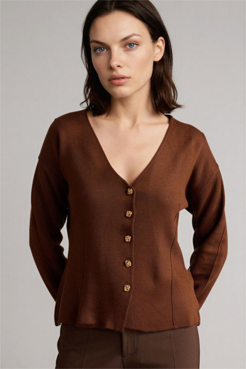 Kadın Kahve Regular Fıt V Yaka Triko Hırka