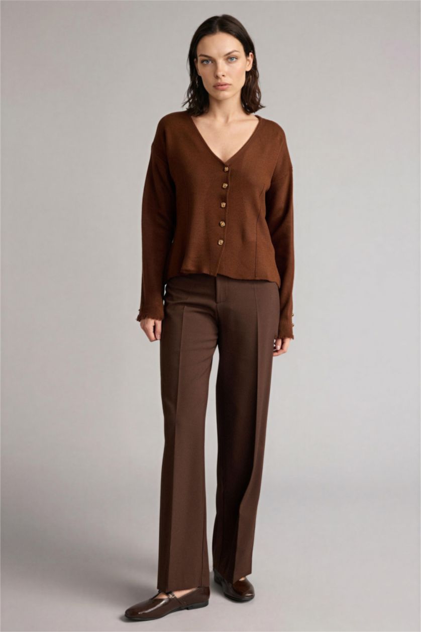 Kadın Kahve Regular Fıt V Yaka Triko Hırka