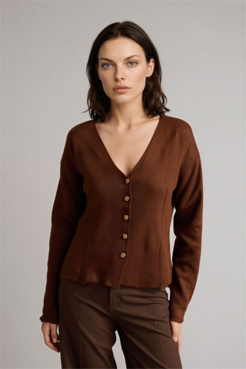 Kadın Kahve Regular Fıt V Yaka Triko Hırka