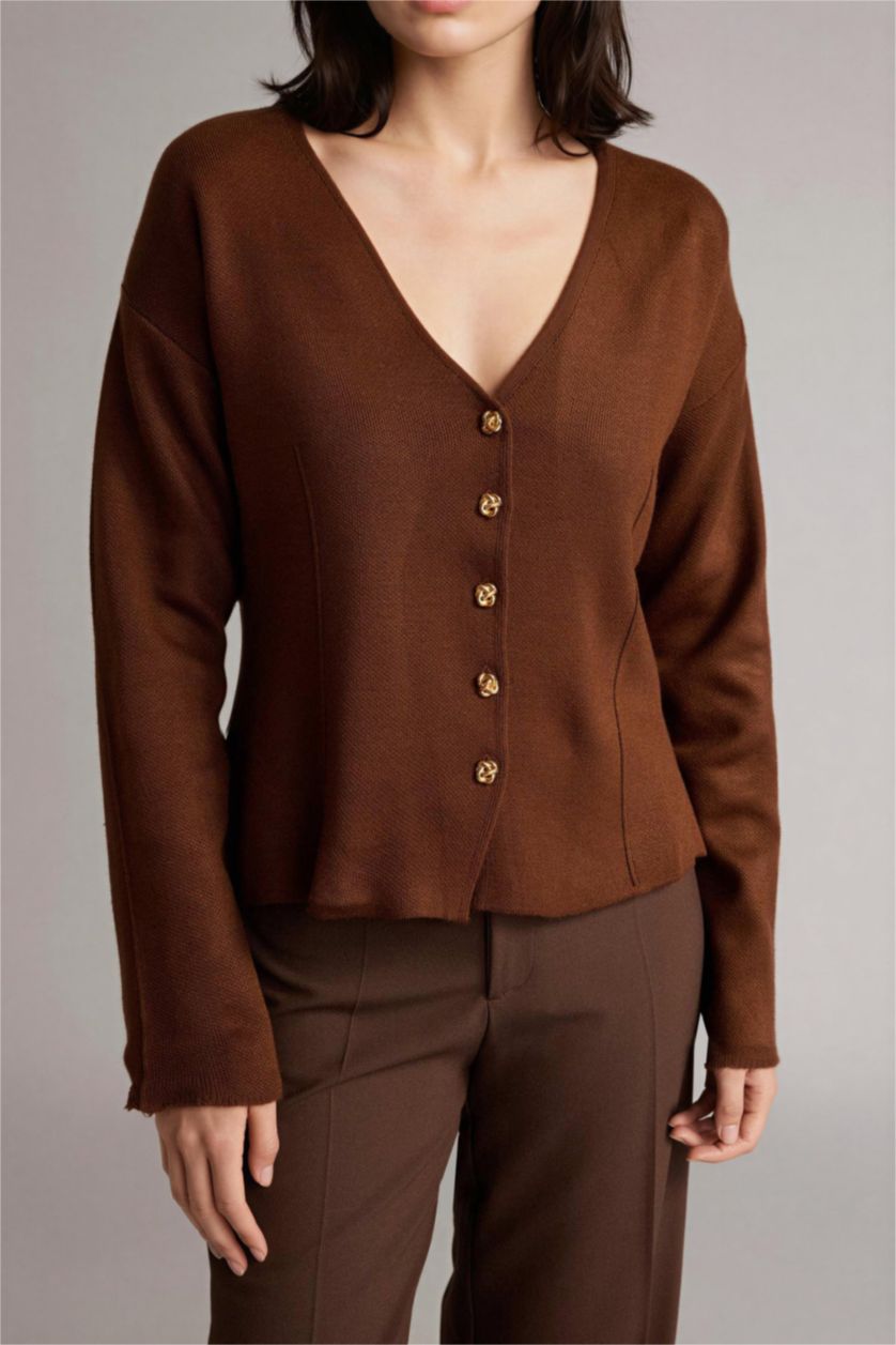 Kadın Kahve Regular Fıt V Yaka Triko Hırka