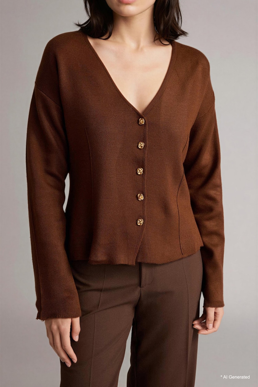 Women Brown Regular Fit V-Neck Knitwear Cardigan